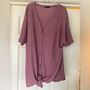 Oversized, cozy waffle-knit tunic button up tee